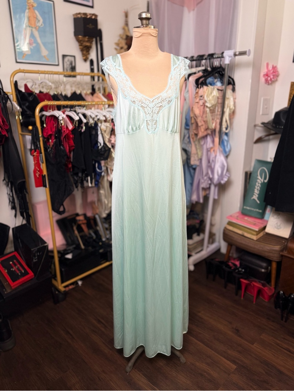 Vintage 1960’s Lace-Trim Blue Slip Dress Nightgown Size Medium